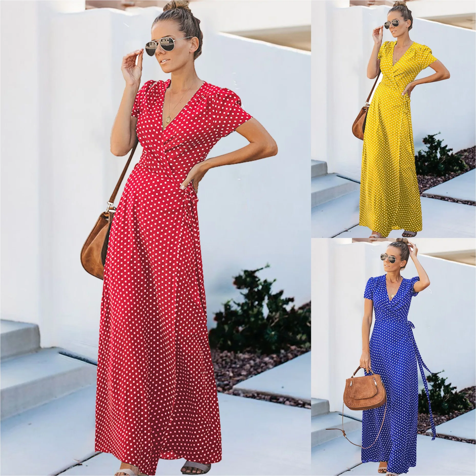 

Женское платье в горошек, с V-образным вырезом и поясом