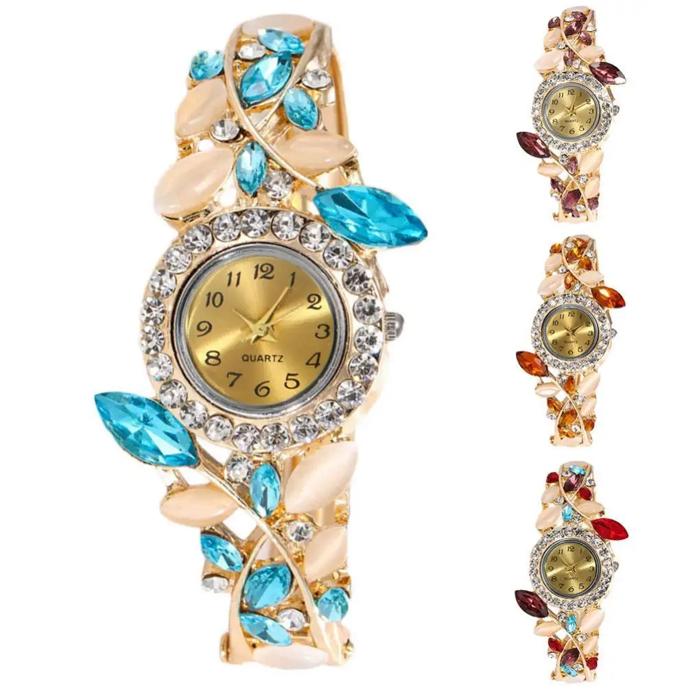 

Luxury Women Rhinestone Leaf Round Dial Analog Open Bracelet Quartz Wrist Watch