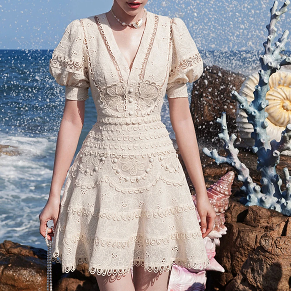 

2023 Summer Women's Solid Color V-neck Puff Sleeve Elegant High Waist Lace Mini Dress Casual Style French Retro A-line Skirt