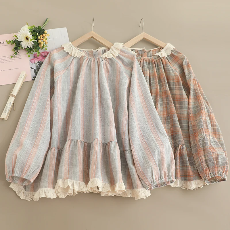 Новая хлопковая и льняная рубашка в полоску с кружевным воротником женская