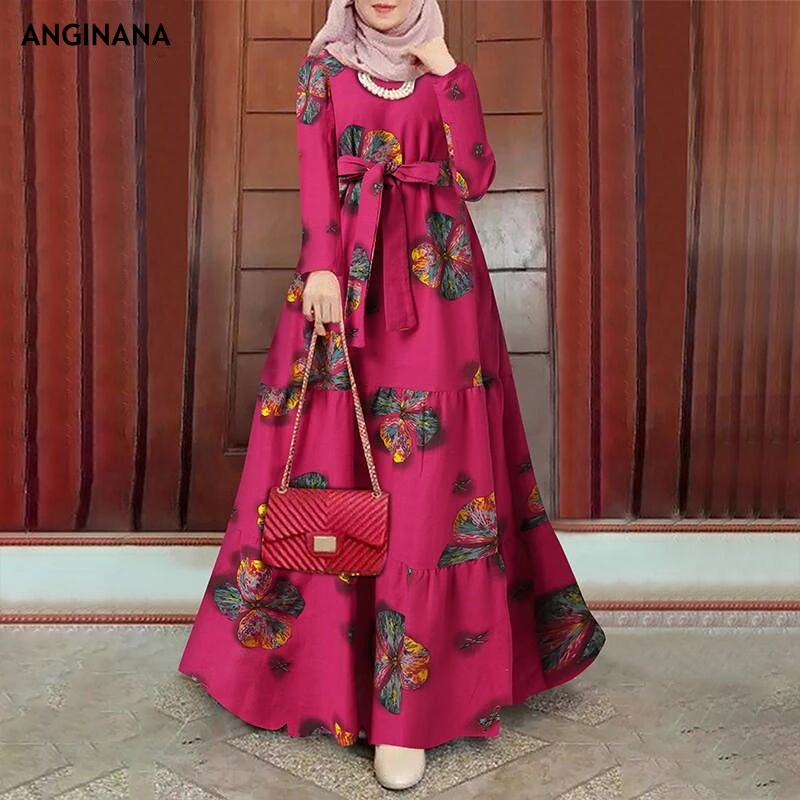 

Summer large 6xl 110kg women's dress printe big size 3xl 5XL round neck long sleeve loose pocket Bohemian dress black blue pink