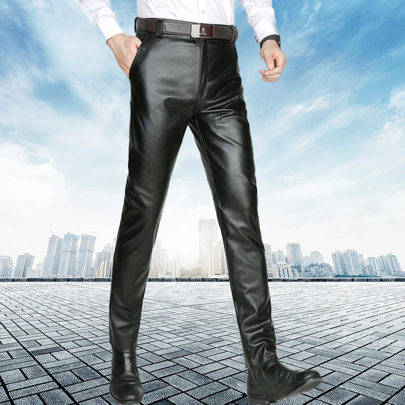 Men Leather Pants Autumn Winter Black Cowskin Straight Pants Youth Thickened Leather Pants Casual Pencil Trousers
