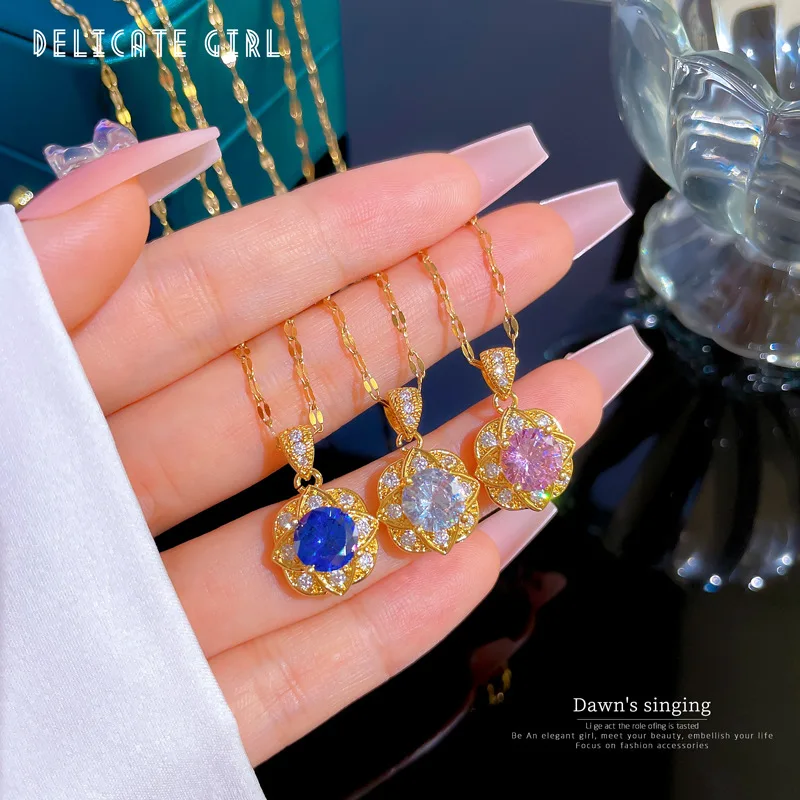 

[Titanium Steel] Light Luxury Flower Micro Inlaid Diamond Real Gold Necklace Female Transfer Beads INS Net Red Clavicle Chain