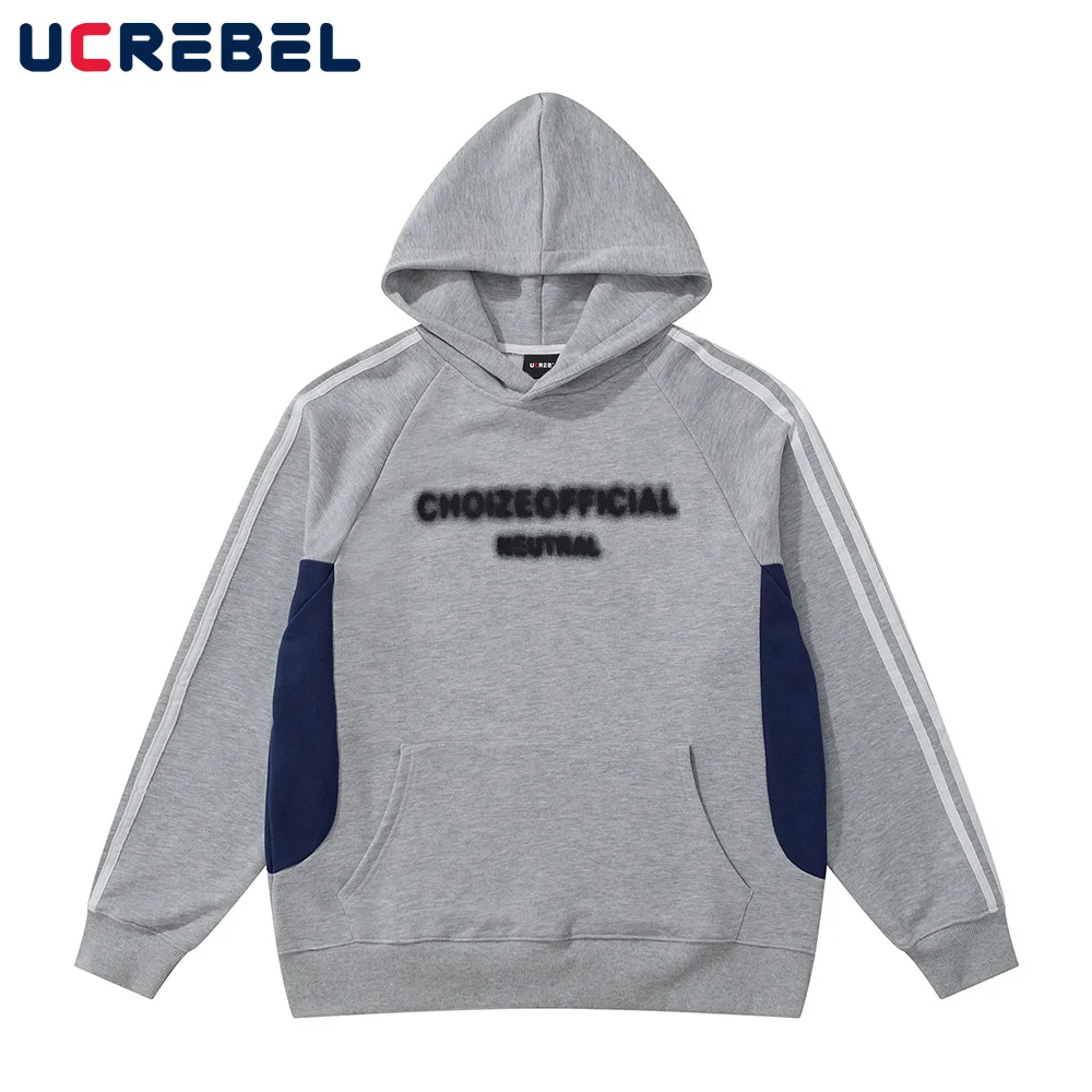 

Letter Spray Paint Sweatshirts Mens Contrast Paneled Autumn Winter Striped Sports Pullover Streetwear Pocket Hoodies for Men