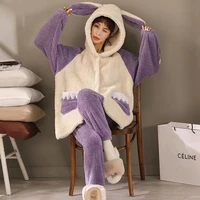 autumn winter warm flannel women pyjamas sets thick warm sweet cute hoodes coral velvet long sleeve cartoon sleepwear