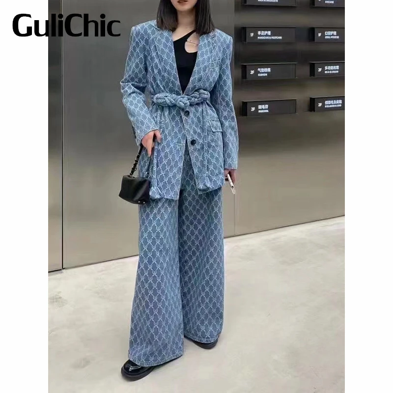 

3,26 GuliChic модные жаккардовые однобортные брюки с разрезом на спине и широкими штанинами с высокой талией для женщин