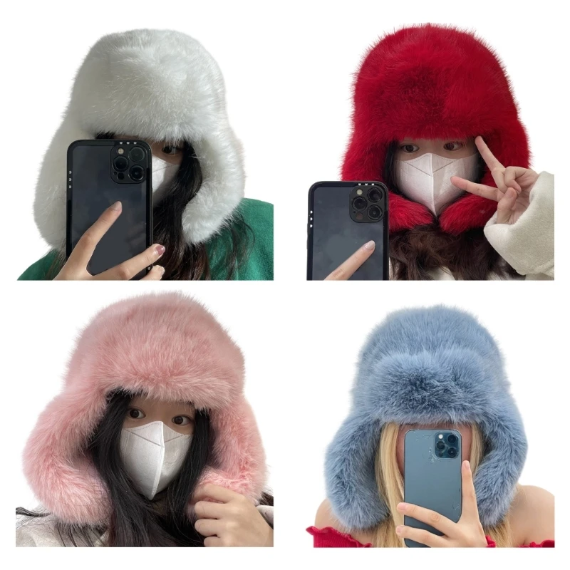 

L93F Plush Beanie Solid Color Thicken Earflap Hat Soft Winter Warmer Plush Hat Cold Winter Presents for Students Teenagers