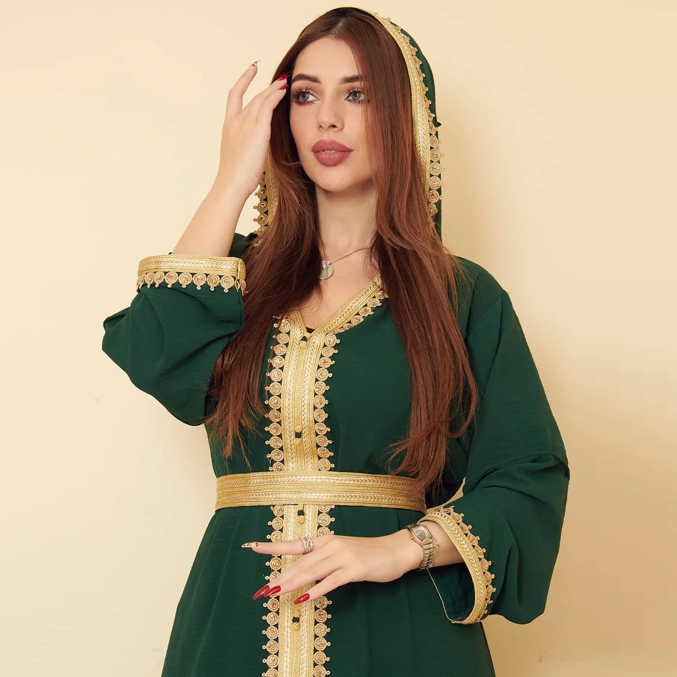 Women's Hooded Robe Linen Gold Lace Embroidery Muslim 2023 New Women's Abaya Dress Large Swing Clothes for Muslim Women