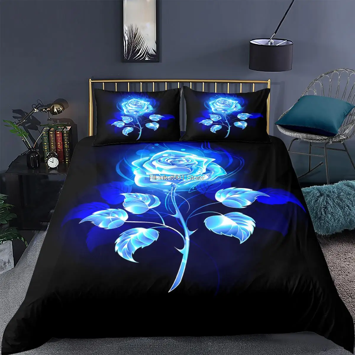 

Blue Rose Duvet Cover Black Bedding Set with Pillowcase Single Twin Queen King Golden Rose Flower Quilt Cover 220x240 210x210