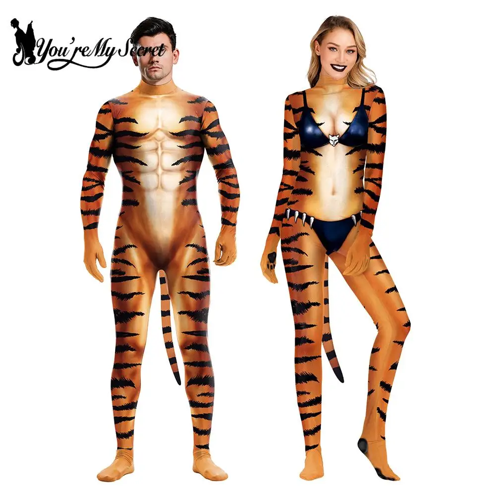 

[You're My Secret] Creative Sexy Zentai Cosplay Animal Tiger Catsuit Halloween Carnival Party Costume Jumpsuit Set with tail