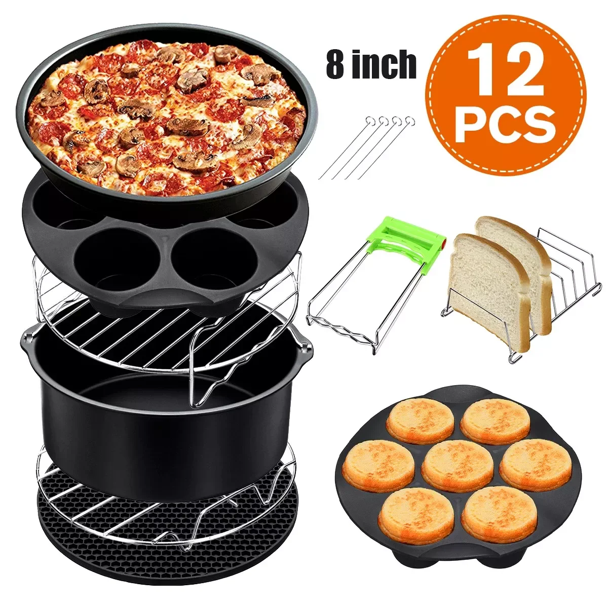 

12pcs Air Fryer Accessories 8 Inch Fit for Airfryer 5.2-5.8QT Baking Basket Pizza Plate Grill Pot Kitchen Cooking Tool for Party