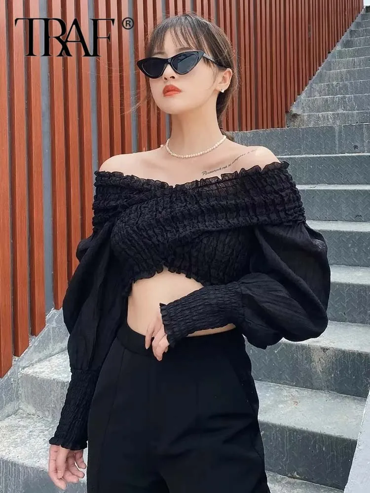 

TRAF 2023 Women's Off Shoulder Blouse Pleated top Black Blouses Women Long Sleeve Elegant Summer Blouses Woman Sexy Crop Top