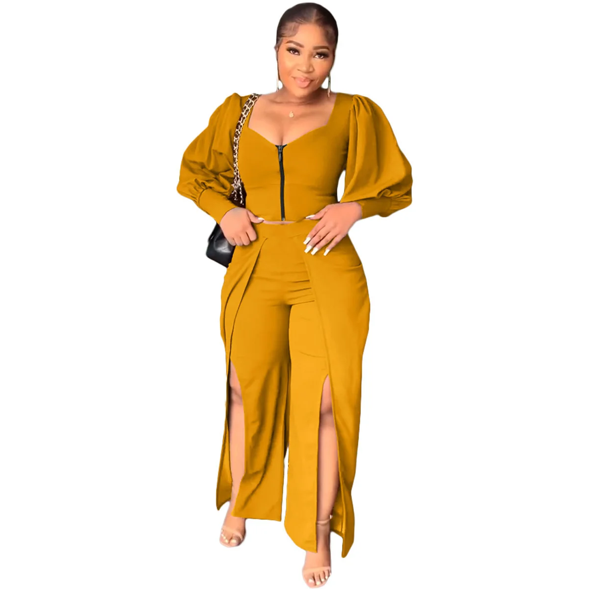 

Women's Fashion Casual Solid Color Square Neck Bubble Sleeve Split Wide Leg Pants Two-piece Set Zipper Short Blouse + Trousers