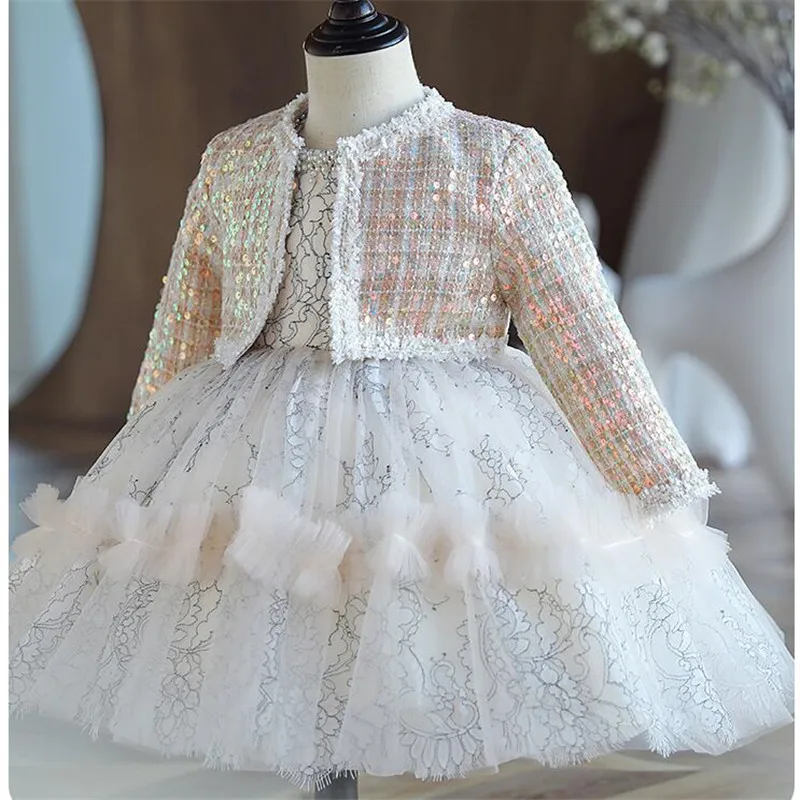 

Girls Party Dresses Autumn Winter Sequin Lace Princess Children Girls Dress For Party And Wedding 1st Birthday Baby Ball Gown