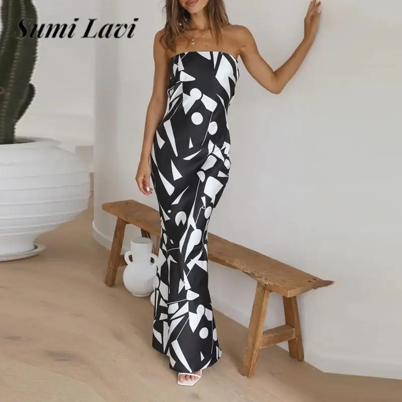 

Женское банкетное платье с открытой спиной, Элегантное Длинное платье без рукавов с открытыми плечами и пикантным принтом