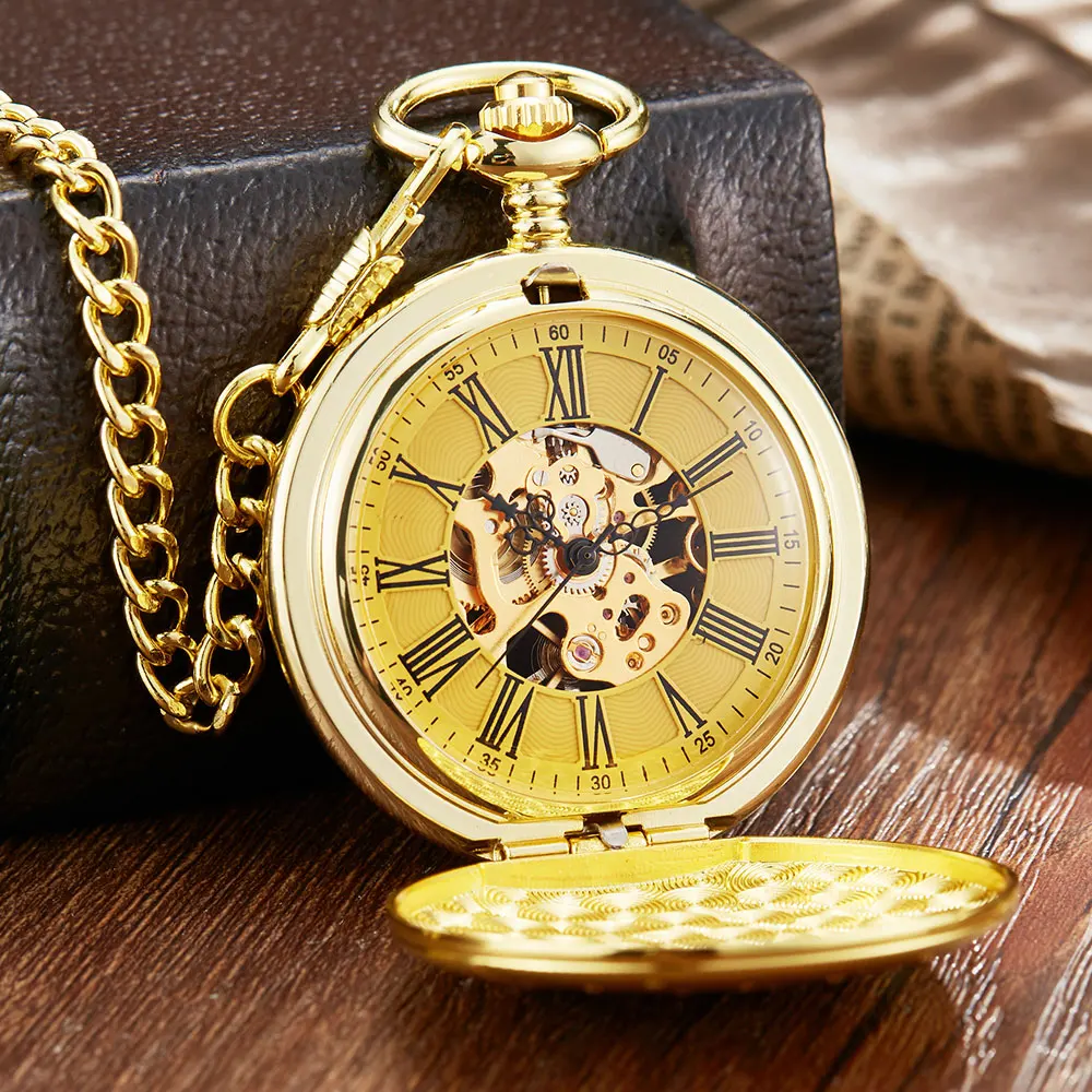 Vintage Golden Steampunk Mechanical Pocket Watch Men Hollow Skeleton Roman Dial Pocket FOB Watch Chain Male Clock Hand Wind