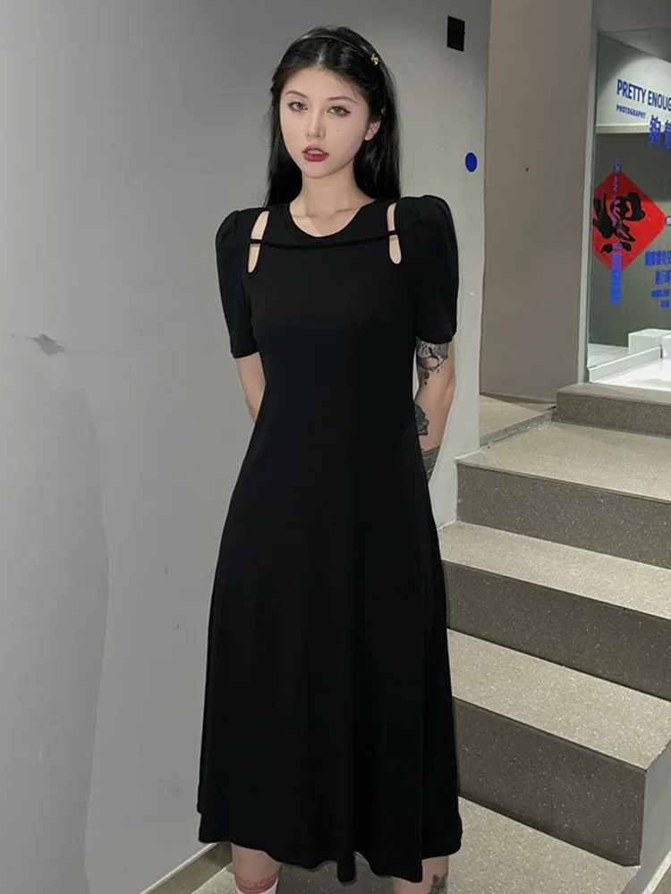 

Summer New Harajuku Style Streetwear Babes A-Line Long Dresses Vintage Hollow Out Short Sleeve Straight Black Mid-Calf Dresses