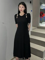 summer new harajuku style streetwear babes a line long dresses vintage hollow out short sleeve straight black mid calf dresses