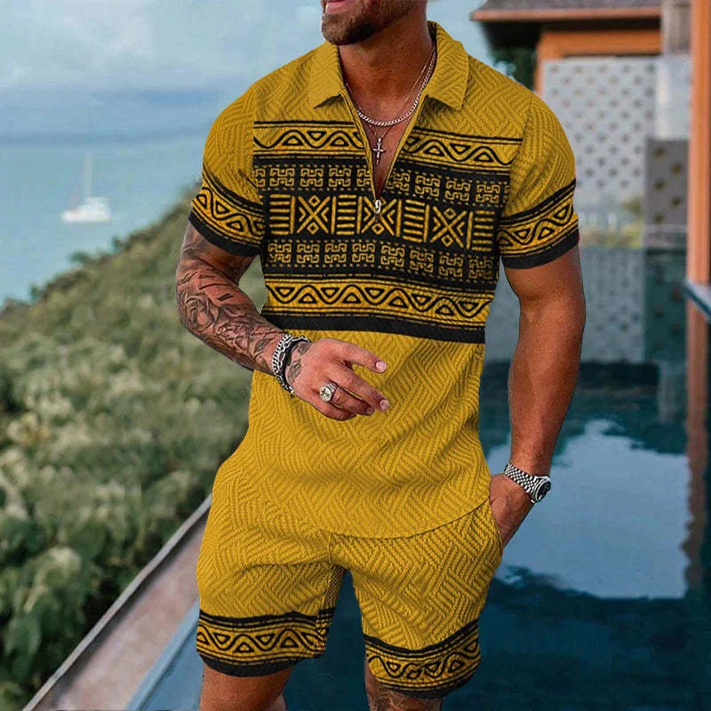 New Men's Casual Summer Short-sleeved Polo Shirt And Shorts Suit Two-piece Men's Clothing 3D Geometric Print Men's Clothing