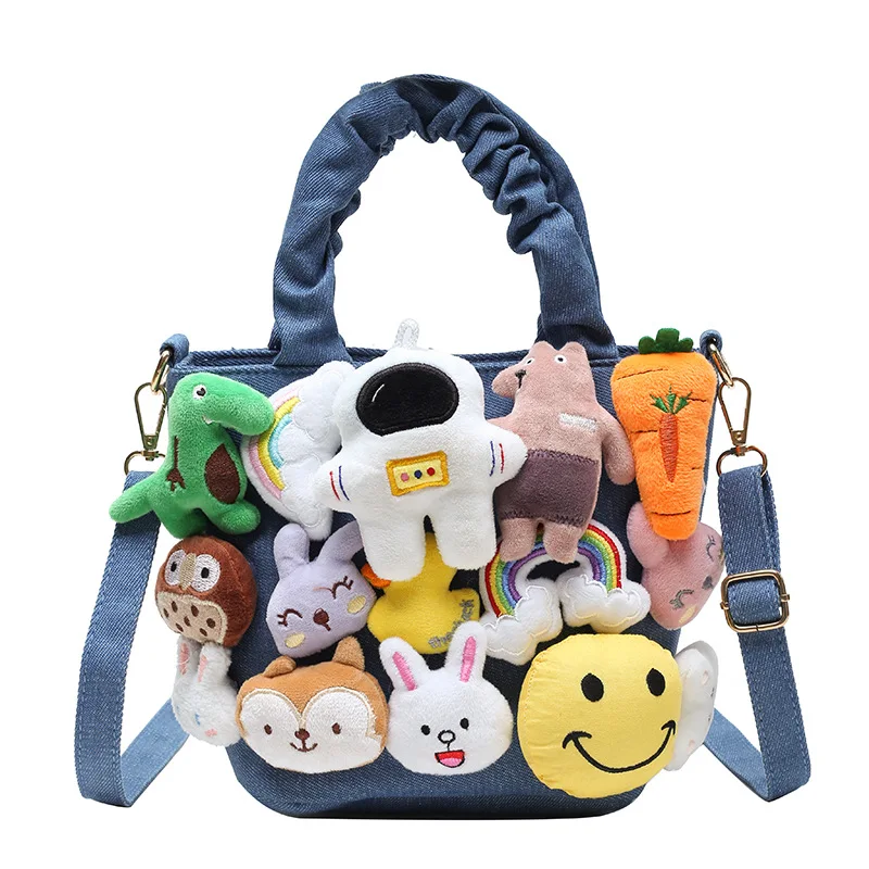Decoration Handbags and Purses for Female Cute Dolls Design Shoulder Bags Crossbody Bags Fashion Women Denim Bucket Cartoon Toy