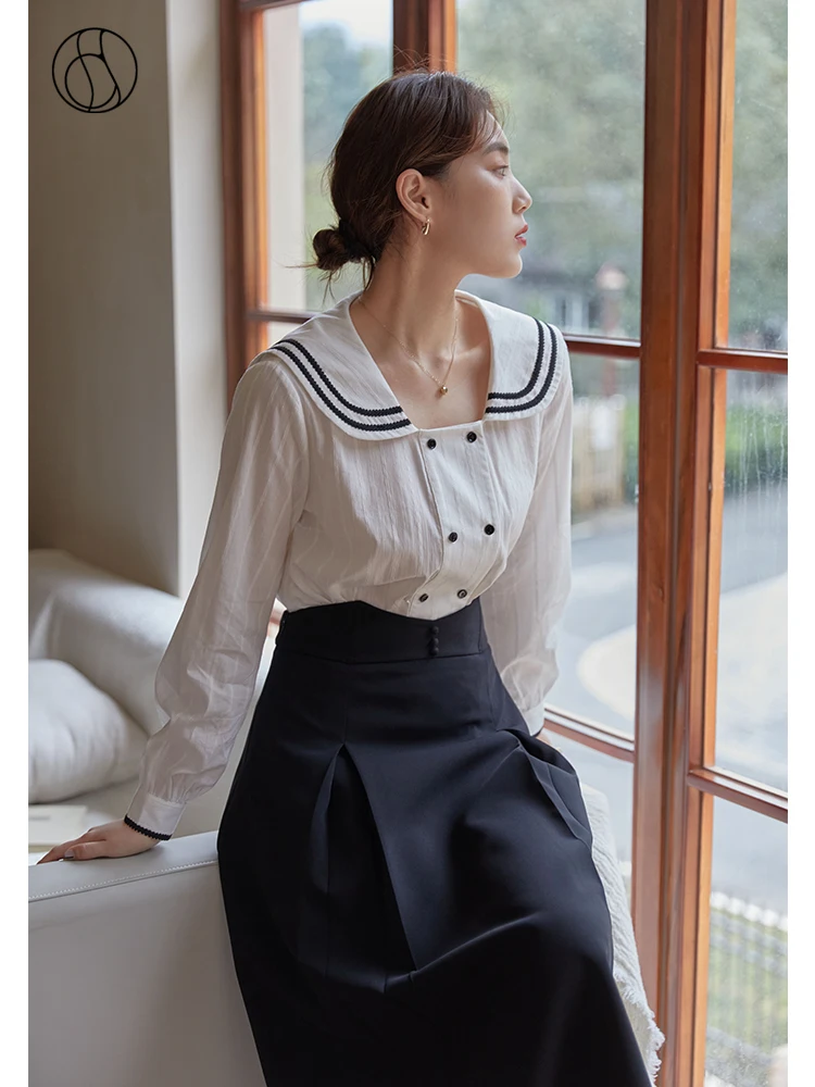 DUSHU Slightly Fat Lady Sailor Collar Full Regular Sleeve Blouses Loose Casual Shirts Office Lady Double Breasted Solid Shirt