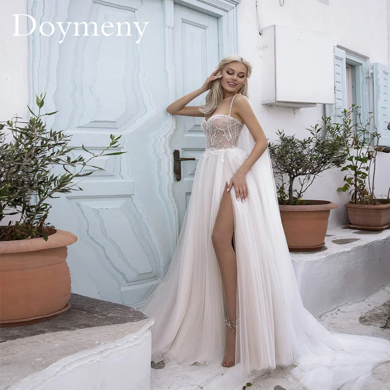 

Doymeny Princess Pink Wedding Dress Tulle High Split Sweetheart Spaghetti Straps with Cloak Sleeveless Beading Robe De Mariee