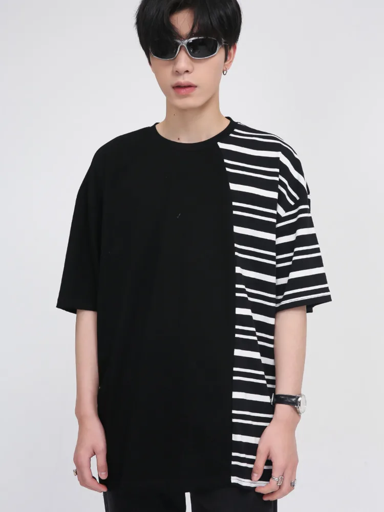 

SYUHGFA Men Clothing 2022 Summer Short Sleeve Stripe Patchwork T-shirt Korean Fashion Loose Streetwear T-shirt Tops For Male