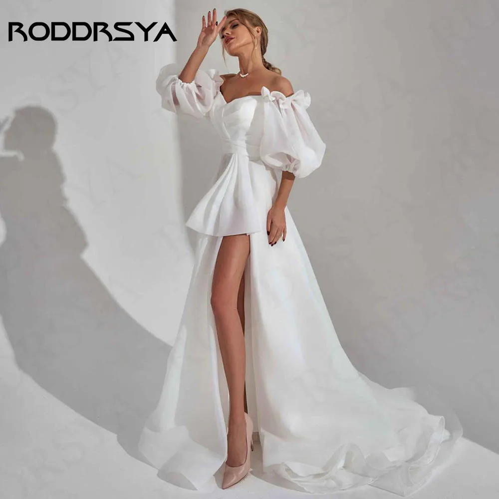 Фото Женское свадебное платье RODDRSYA, элегантное ТРАПЕЦИЕВИДНОЕ платье с открытыми плечами, рукавами-фонариками и разрезом, официальное Тюлевое платье с открытой спиной Свадебное платье на плечах  Пышные рукава элегантное №1
