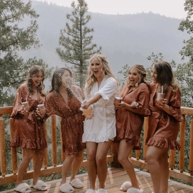 Bridesmaid Robes Ruffled Monogram Getting Ready Robes Wedding Unique Bride Dressing Gown Satin Personalized Kimono Custom Pretty