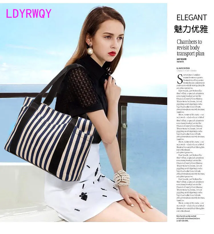 

2023 Европейская и американская полосатая вместительная сумка через плечо в полоску, женская модная многофункциональная сумка, Холщовая Сумка 37x27 см