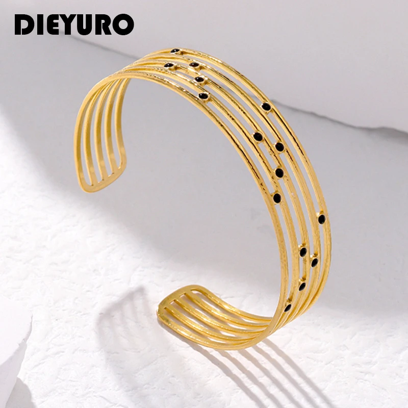 

DIEYURO 316L Stainless Steel Geometric Lines Adjustable Bangle For Women Girl New Trend Cuff Bracelet Non-fading Jewelry Gift