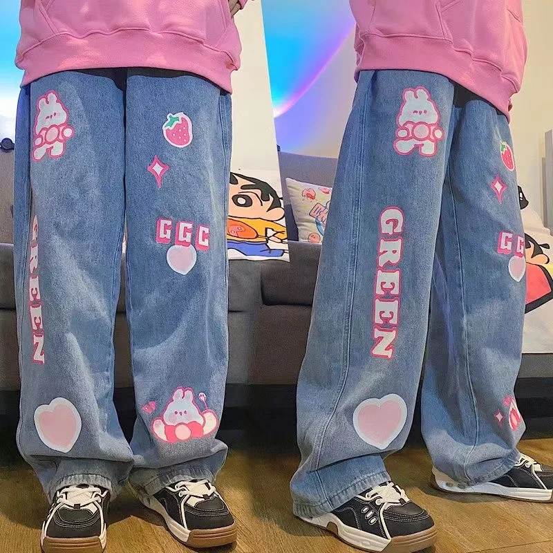 

Y2K Harajuku Women Korean Hip Hop Cartoon Jeans Egirl Wide Leg Pants Straight Trousers High Waist Denim Baggy Kawaii Clothes