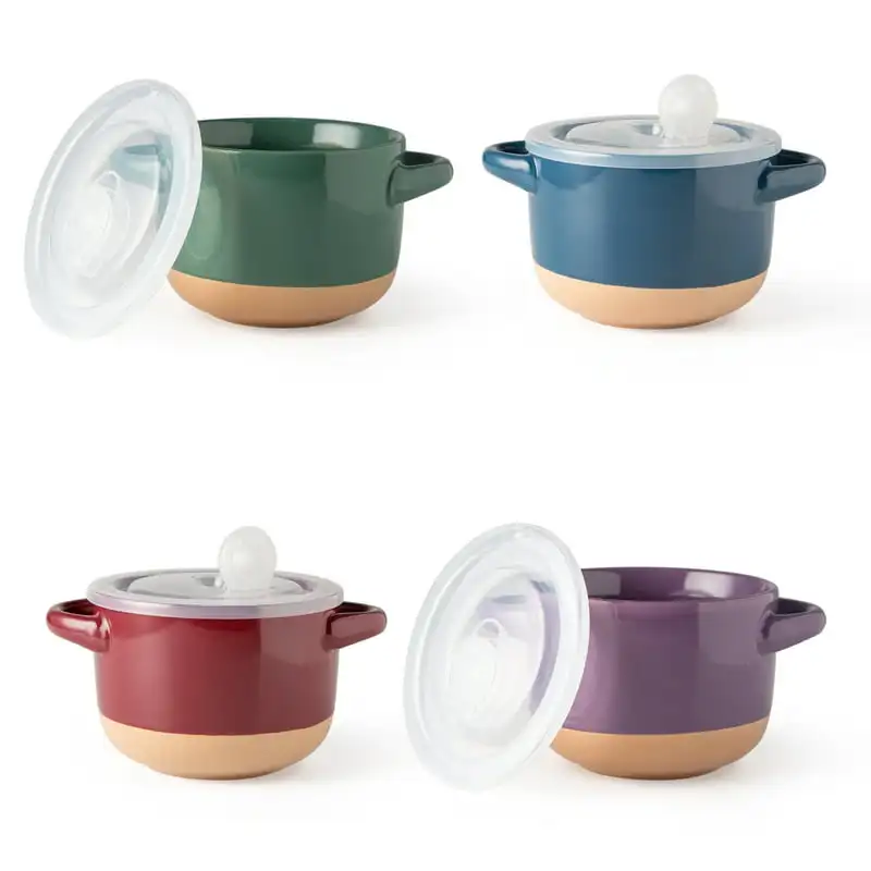 

Delightful & Durable Ceramic Soup Bowls Set - 4 Pieces, Large Handles & Lids, Multicolor Stoneware for Soup, Cereal, Stew, Noodl