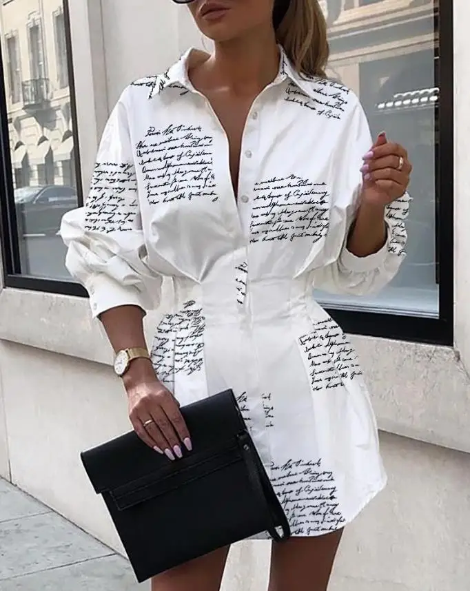 Letter Print Tight Waist Shirt Dress Office Lady Turn-down Collar Elegant Dresses for Women