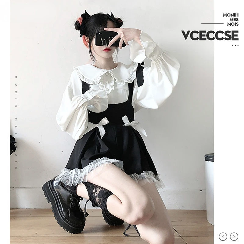 Japanese Style Gothic Lolita Sets Girly Sweet Kawaii Bow Tulle Patchwork Shorts Pants White Blouse Women Cute Outfits