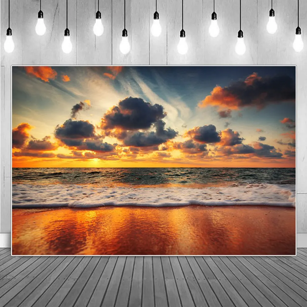 

Sunseting Dark Clouds Beach Holiday Decoration Photography Backdrops Ocean Seaside Waves Sands Rainstorm Party Photo Backgrounds