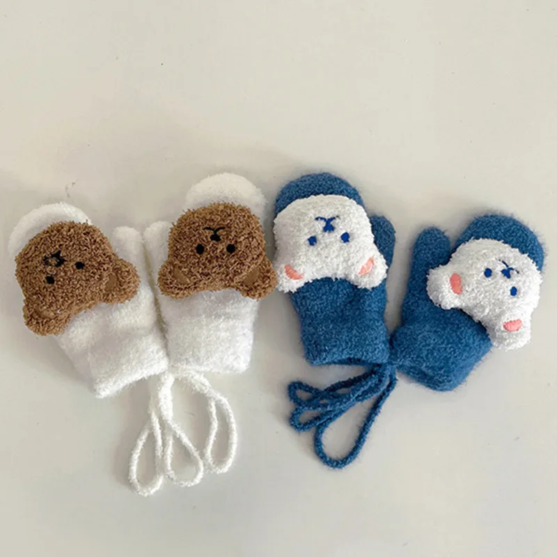 

Winter 1-4Y Cartoon Bear Baby Mittens Warm Kids Baby Girl Gloves Knitted Children Toddler Thick Teething Mitten Handschoen New