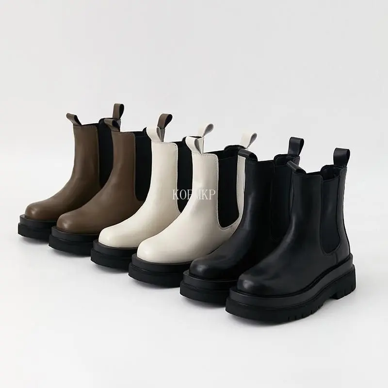 

Fashion PU Leather High Quality Ankle Winter Thick Heels Platform Shoes Ladies Shoes Chelsea Boots Retro Women Botines De Mujer