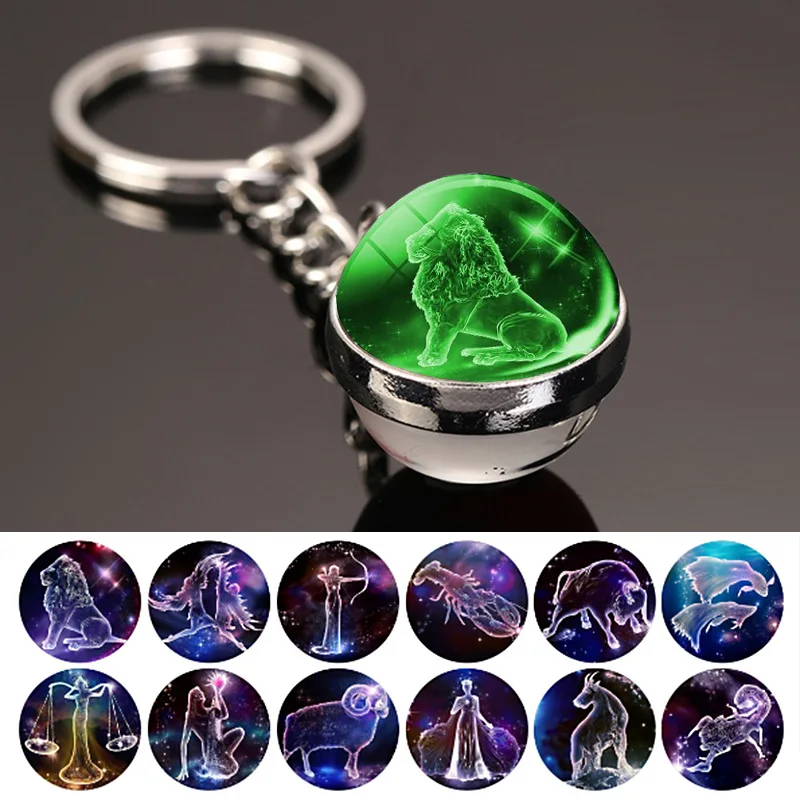 

12 Constellation Luminous Keychain Glass Ball Pendant Zodiac Keychain Glow In The Dark Key Chain Holder Men Women Birthday Gift