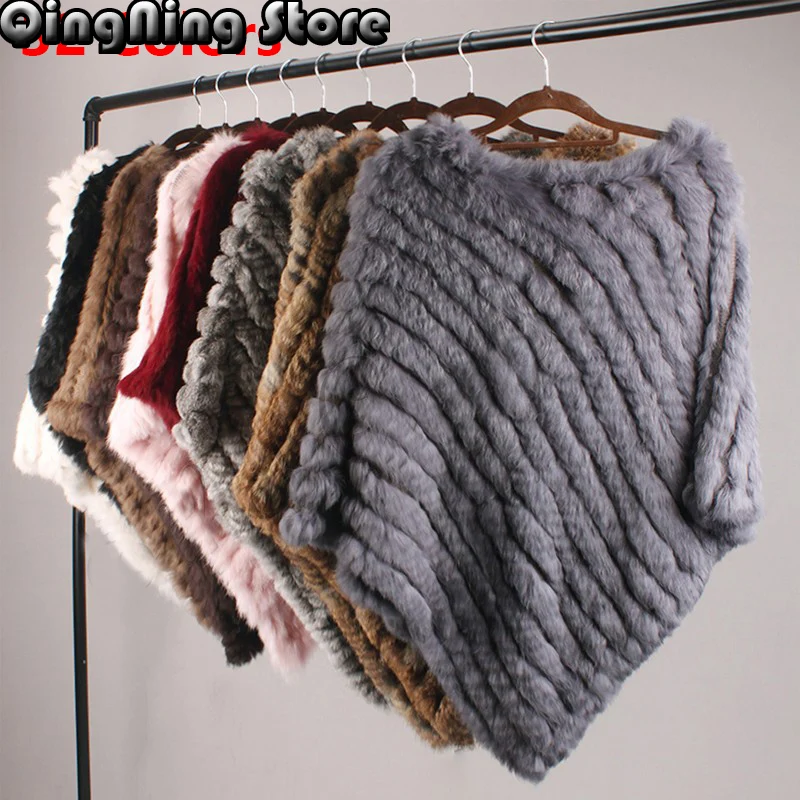 

Женский вязаный жилет-пончо из натурального кроличьего меха