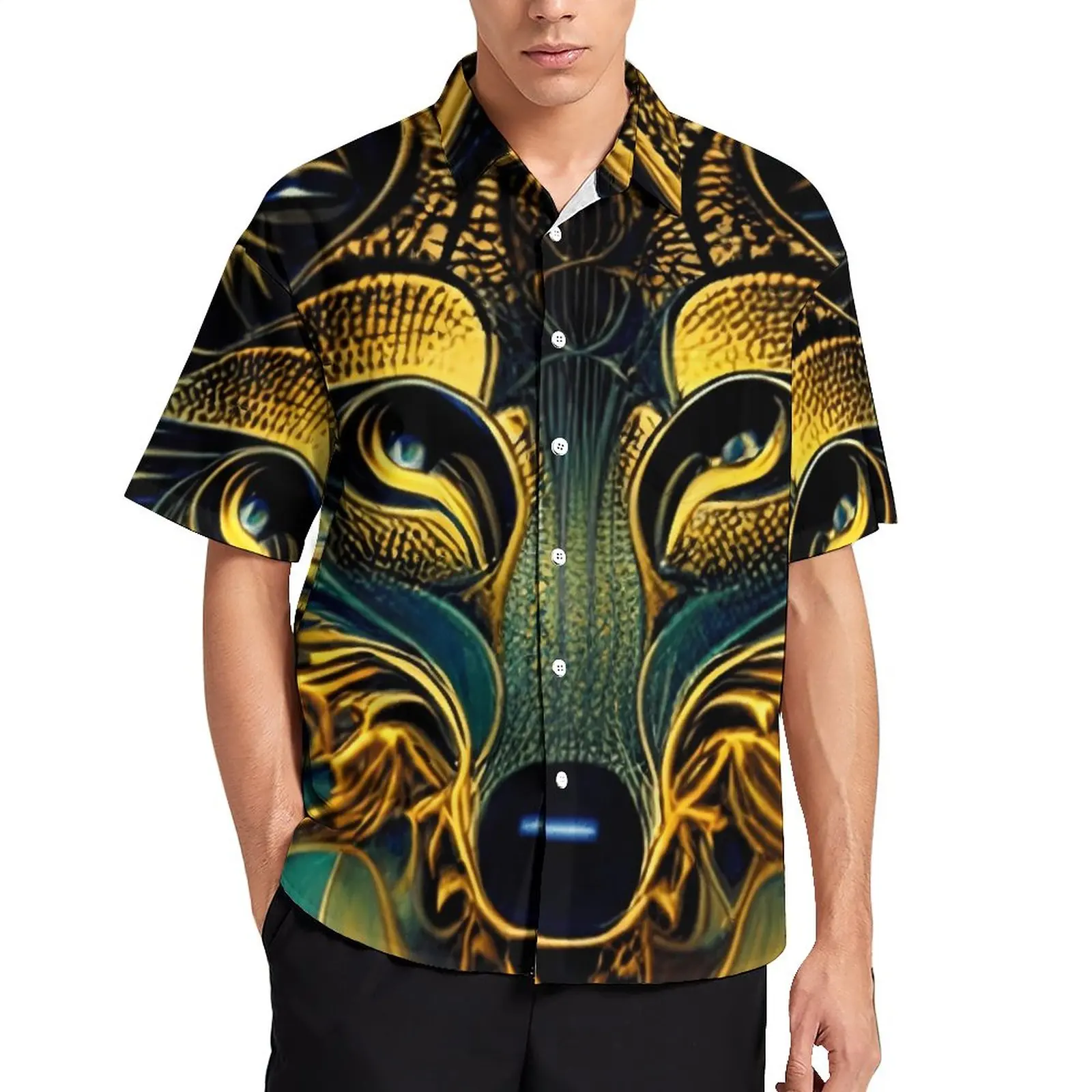

Gold Wolf Head Loose Shirt Man Vacation Mandala Style Print Casual Shirts Hawaiian Graphic Short Sleeve Funny Oversized Blouses