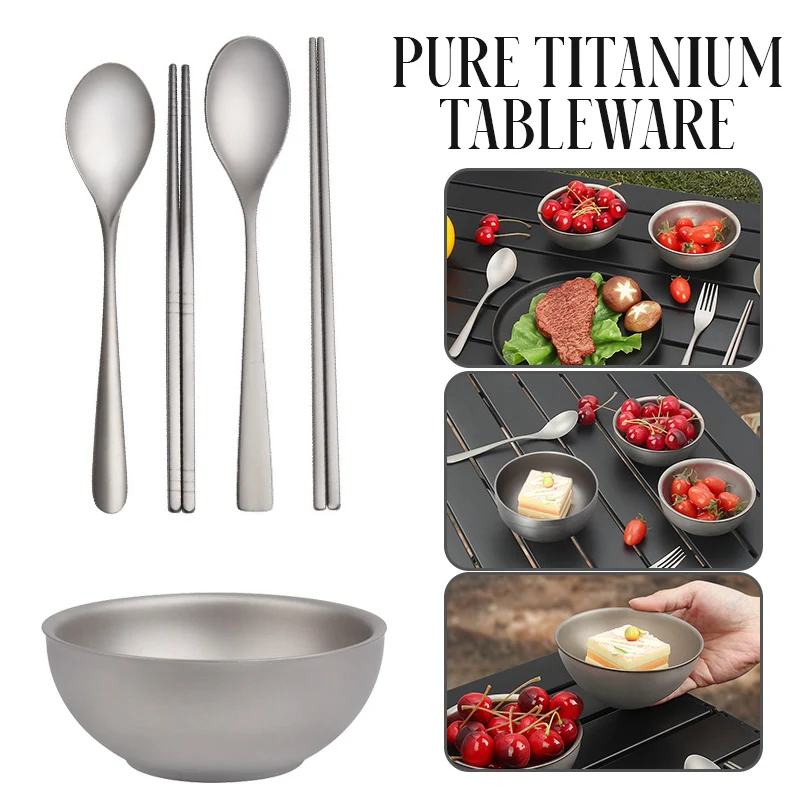 

Pure Titanium Camping Tableware Ultralight Portabel Bowl Spoon Picnic Tableware Anti-Scalding High-Temperature Bowls Chopsticks