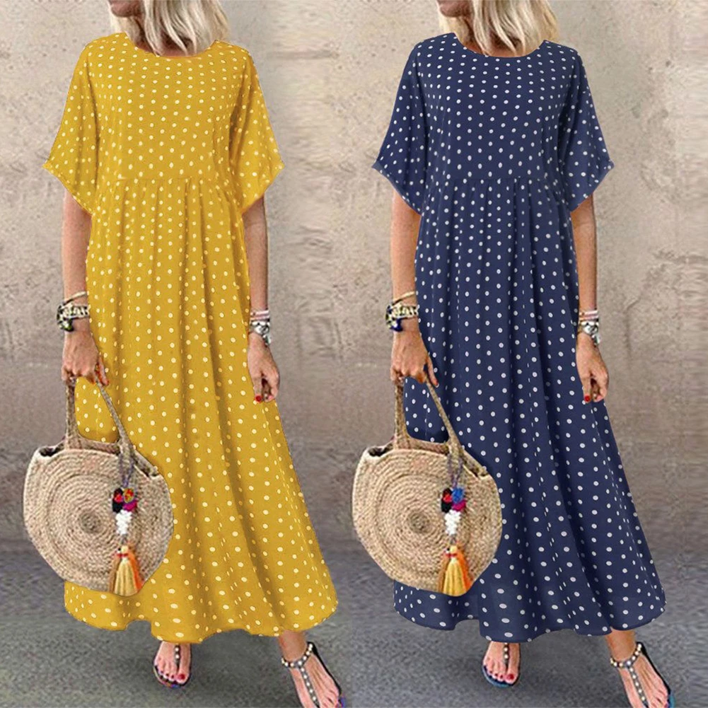 

2019 New Women Dresses Short Sleeve Ladies Fashion Point Chiffon O-Neck High Waist Polyester Dress Female Leisure Loose Dresses