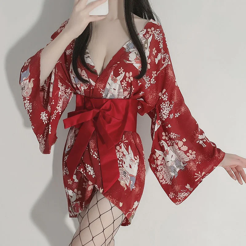 

Japanese Kimono Sexy Cosplay Outfit Women Traditional Bathrobe Yukata Costumes Pajamas Soft Silk Belt Lingerie Set Haori Red New