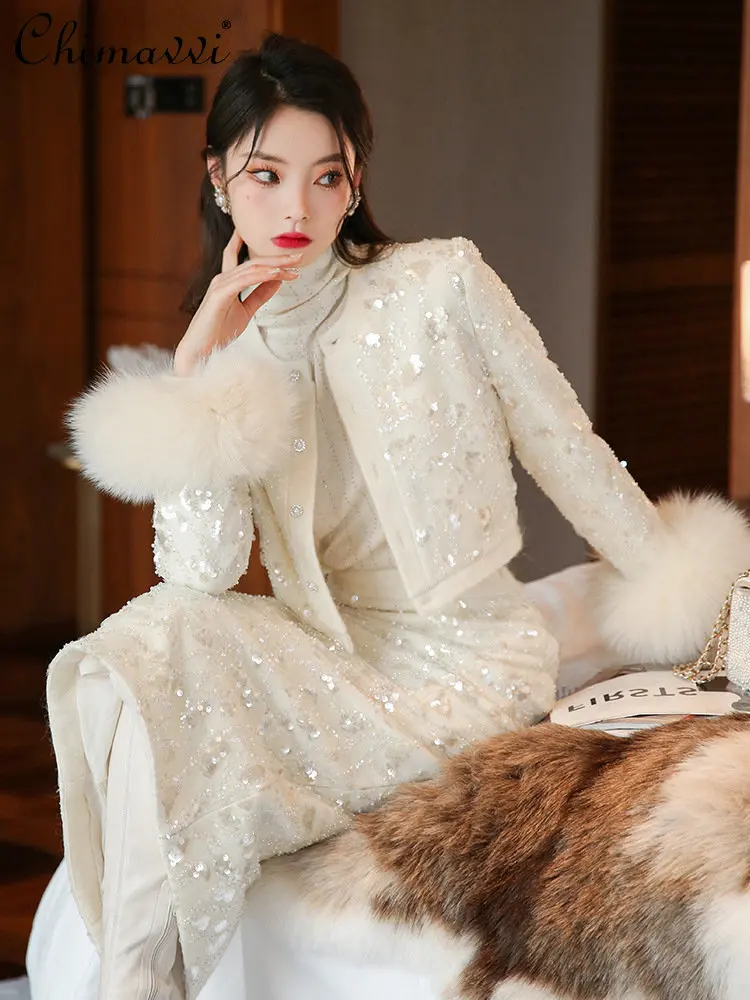 

Lady's White Suit Female Machine Embroidery Mermaid Sequin Fox Fur Long Sleeve Coat and Skirt Two Piece Sets Womens Outfits