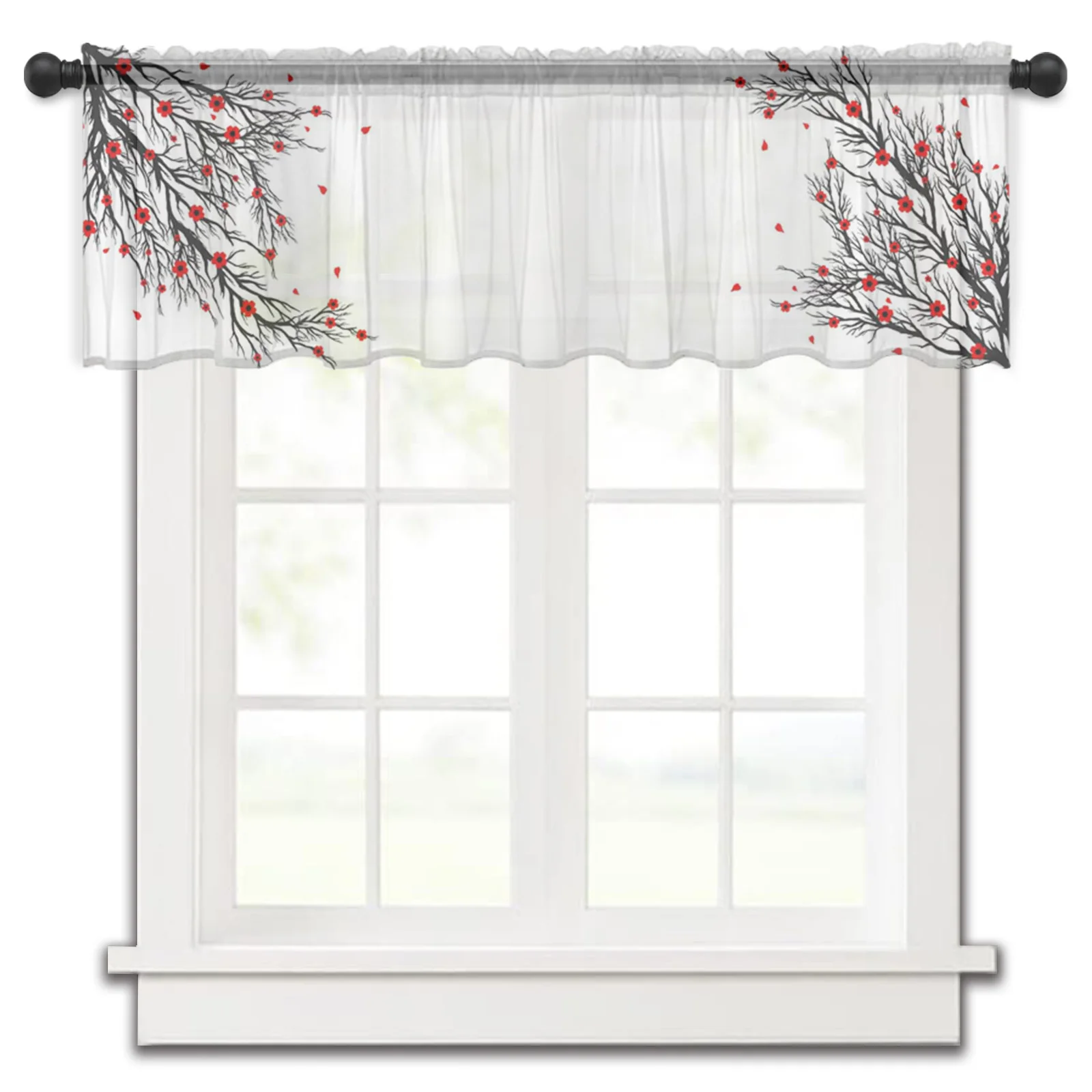 

Branch Black Flower Red Plum Kitchen Small Window Curtain Tulle Sheer Short Curtain Bedroom Living Room Home Decor Voile Drapes