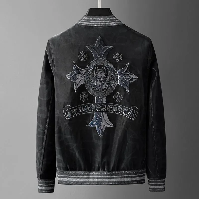 

Мужская куртка из ПУ кожи, с блестками и вышивкой