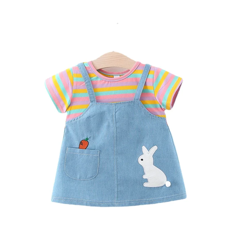 Baby Girls Clothes Summer Daily Denim Stitching Infant Dress Short Sleeve Toddler Kids Costume 0 To 2 Years Children Girl Dress