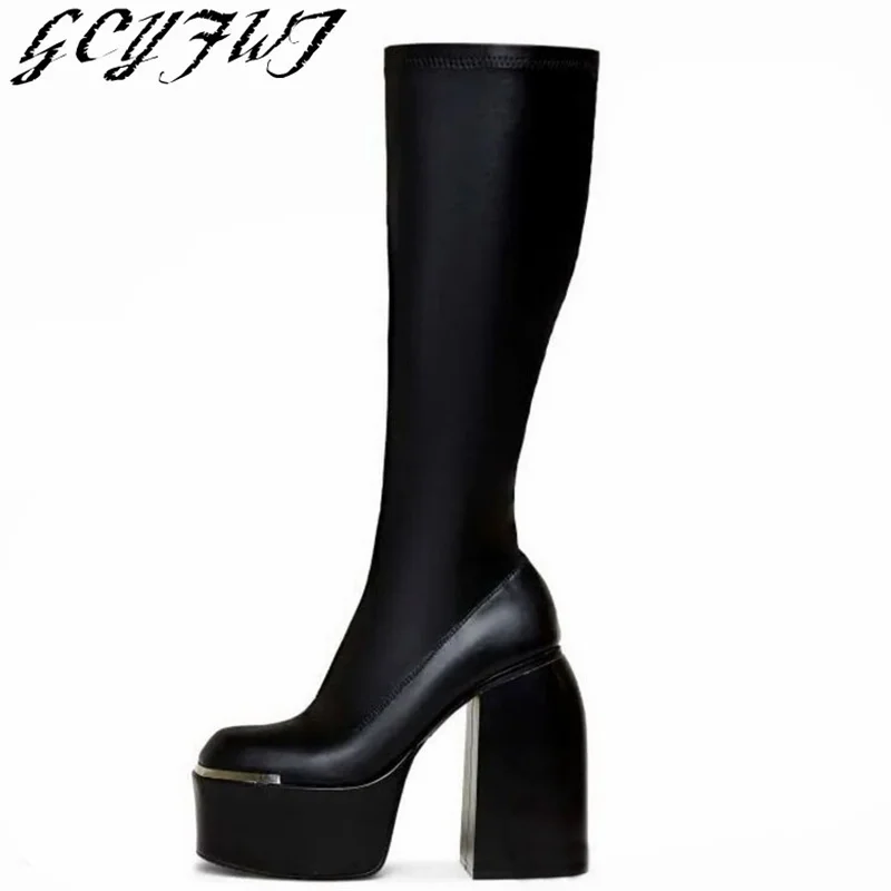 Platform Knee High Boots Square Toe Crude Heel Metal Zip Black White Women Elastic Boots High Heels Solid Color Female Shoes