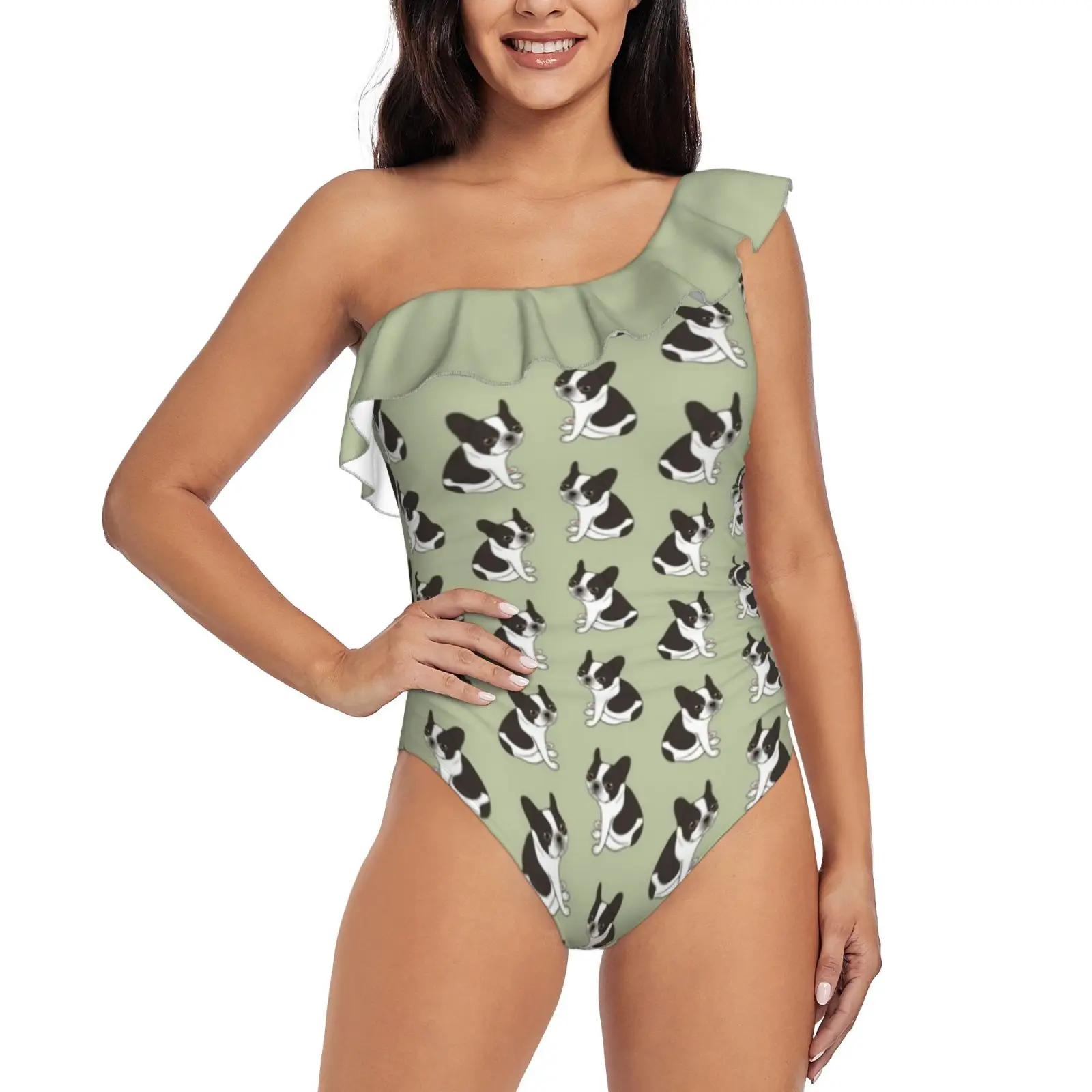 Say Hello To The Cute Double Hooded Pied French Bulldog One Piece Swimwear One Shoulder Ruffle Swimsuit Women Backless Bathing